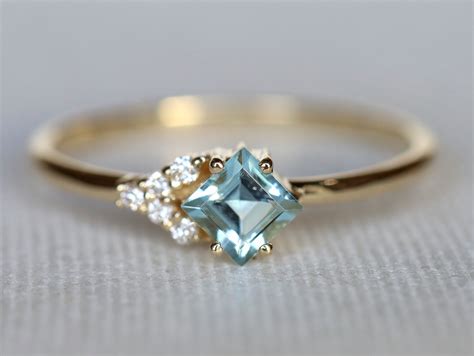 Aquamarine Diamond Cluster Engagement Ring Aquamarine Ring Etsy