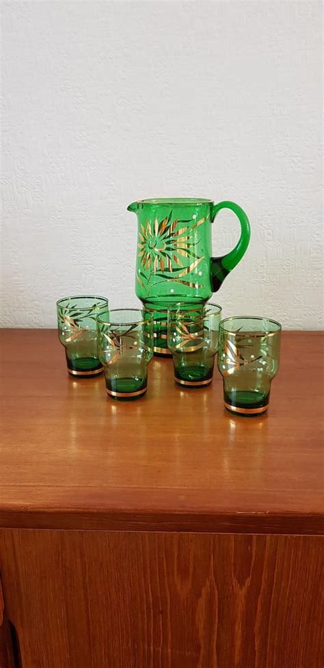 Stunning Emerald Green Czech Glass Lemonade Or Water Jug Set Etsy Water Jug Bohemian Glass