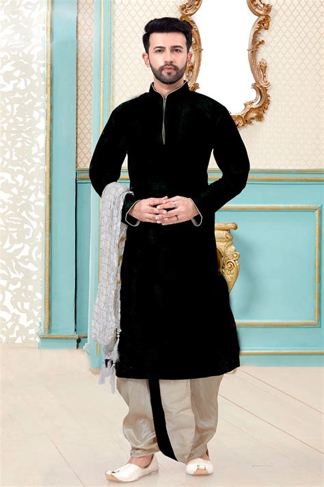 Solid Color Dupion Silk Kurta Set In Black Ucchal Fashion