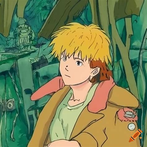 Studio Ghibli Colored Ink Drawing Of A Man With A Blonde Shag Mullet