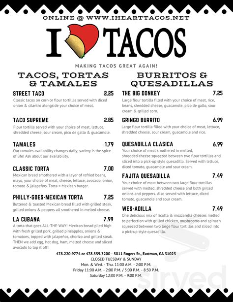 I Heart Tacos Menu In Eastman Georgia Usa