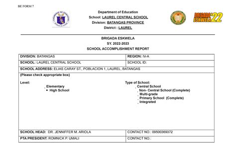 Brigada Eskwela Form School Accomplishment Report Department Of