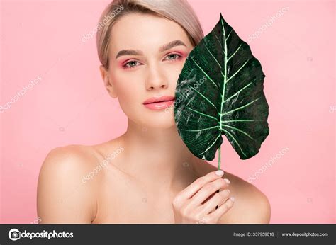 Naked Girl Pink Makeup Isolated Pink Green Leaf Igorvetushko