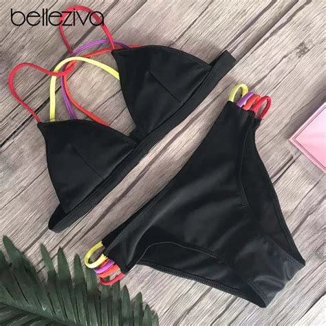 Belleziva Sexy Colorful String Bikini Set Plunge Neck Padded Swimsuit