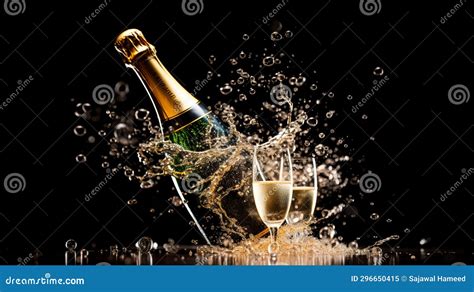 A Background Of A Popping Champagne Bottle With Cork Flying And Bubbles