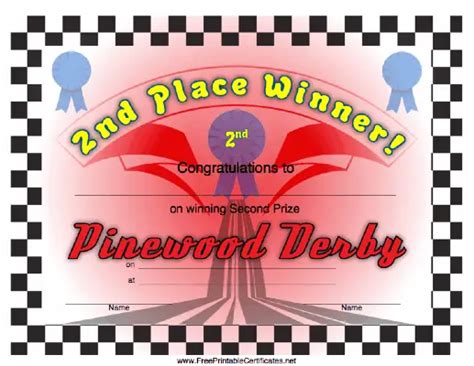 Pinewood Derby 2nd Place Printable Certificate