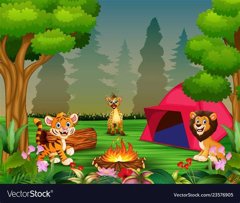 Cartoon happy some animals near the campsite Vector Image