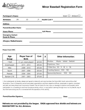 Fillable Online Minor Ball Registration Form Fax Email Print Pdffiller