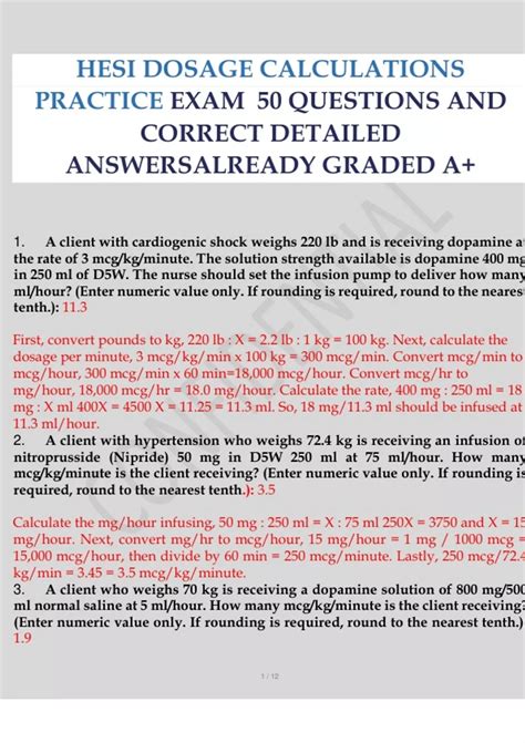 Hesi Dosage Calculations Practice Exam Questions And Correct