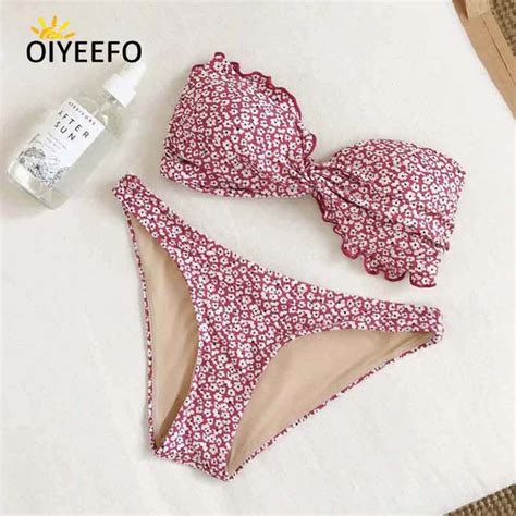 Oiyeefo Red Small Floral Bikini Sexy Swimsuit Women Bandeau Bathing