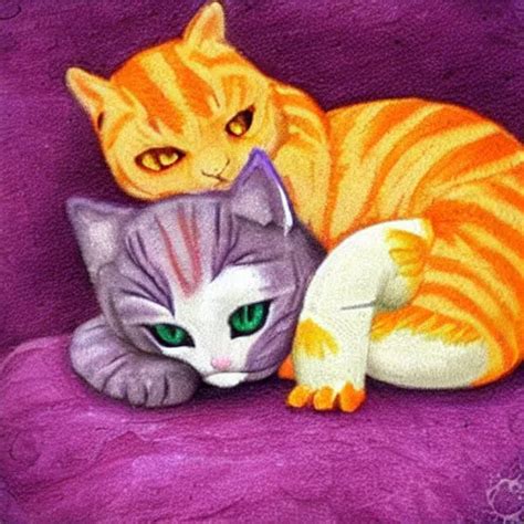 Tiny Purple Dragon Cuddling An Orange Tabby Cat Cozy Stable