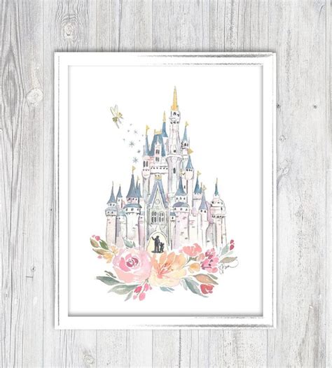 the disney castle is surrounded by pink flowers and gold leaves on a ...