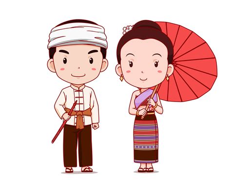 Cute couple of cartoon characters in Thai Lanna traditional costume. 4903110 Vector Art at Vecteezy