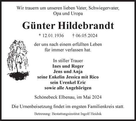 Traueranzeigen Von G Nter Hildebrandt Abschied Nehmen De