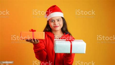 Beautiful Young Woman With Christmas T Box Asian Indian Girl Wearing