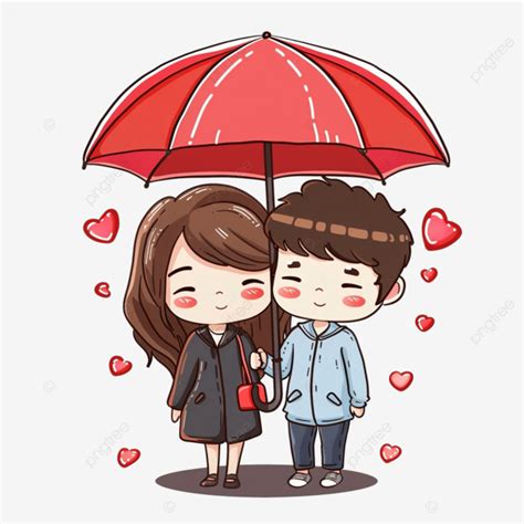 Cute Lovers Couple Under Umbrella Happy Valentine Chibi Cartoon Character Couple Cute