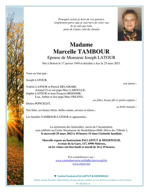 Décès De Madame Marcelle Tambour 25 03 23 Annonce Nécrologique