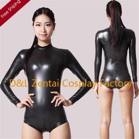 Free Shipping Adult Sexy Black Shiny Metallic Catsuit For Women Leotard