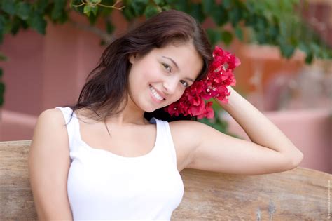 Wallpaper Brunette Depth Of Field Face Smiling Flowers Plants