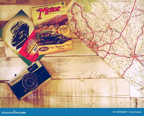 Vintage British Road Trip with Postcards of Cars and a Map Editorial ...