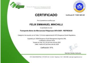 Certificate Iata Refresco Felix Emmanuel Minchilli Pdf