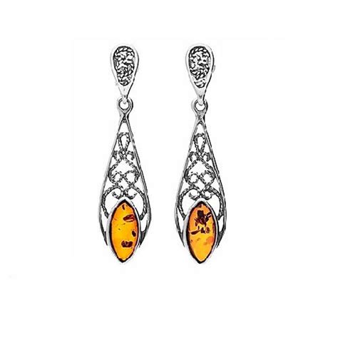 Ravissantes Boucles D Oreilles Dentelle En Argent 925 Et Ambre Cognac