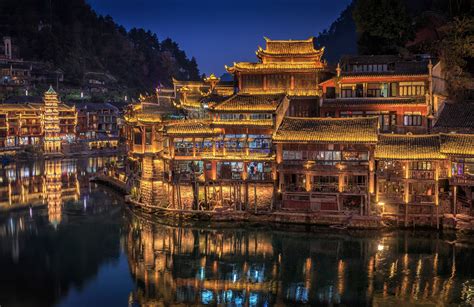 Trees Hunan Province Home China Night River 2K Lights HD Wallpaper