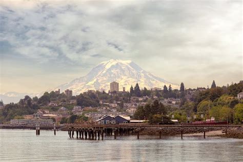 Mount Rainier Over City Of Tacoma Washington State Stock Photo Image