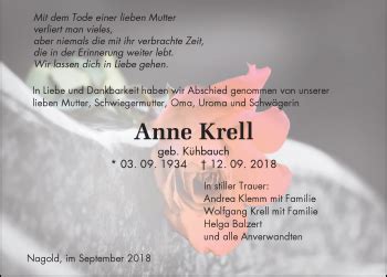 Traueranzeigen von Anne Krell Schwarzwälder Bote Trauer