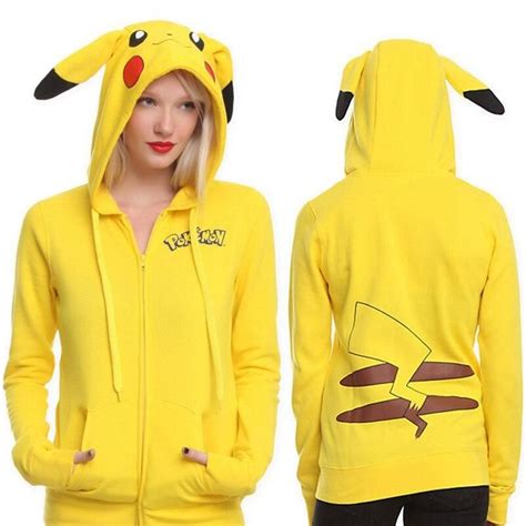 Womens Zip Up Hoodies Pokemon Pikachu Print Anime Kawaii Cute Ears Plus Size Cotton Yellow