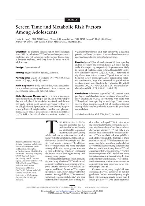 Pdf Screen Time And Metabolic Risk Factors Among Adolescents