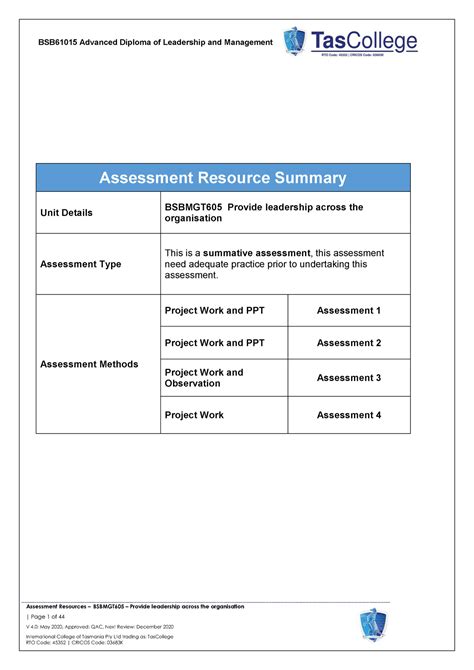 Bsbmgt 605 V4 0 Assessment Tool Assessment Resources BSBMGT605