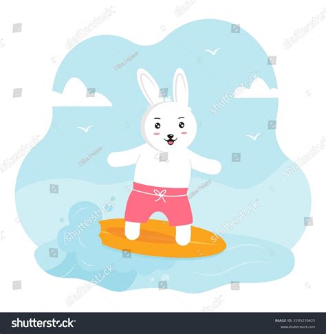 Rabbit Rides Surfboard Summer Character Cute Stock Vector Royalty Free