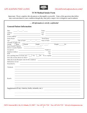 Fillable Online Tcm Medical Intake Form Loi Acupuncture Fax Email