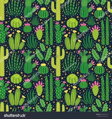 Vector Seamless Pattern With Different Cactus Bright Repeated Texture