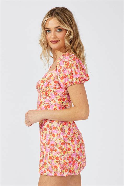 Pink Floral Mini Dress Puff Sleeve Ally Fashion