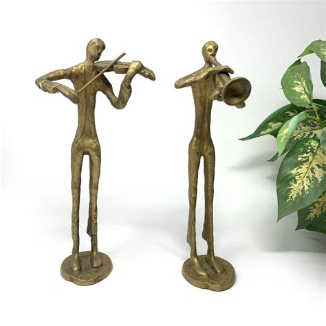 Vintage Brutalist Musician Sculptures Cast Brass Bronze Violin Trumpet ...