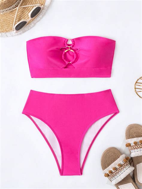 Ladies Shiny Metallic Ring Detail Bandeau Bikini Set Shein Usa