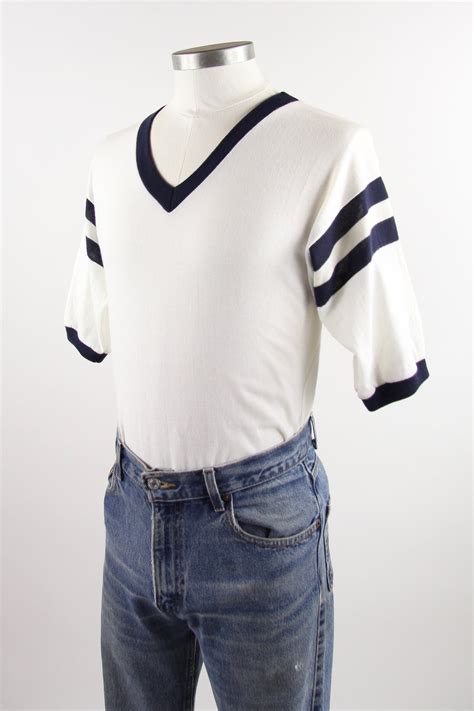 V Neck Ringer Baseball Tee 5050 White Vintage T Shirt Made In The Usa