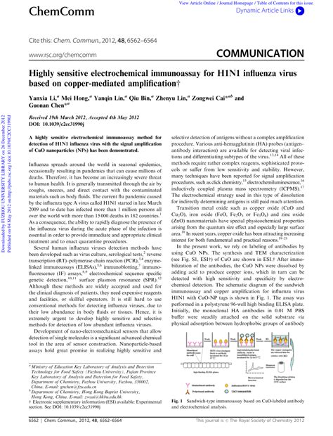 Pdf Highly Sensitive Electrochemical Immunoassay For H1n1 Influenza Virus Based On Copper