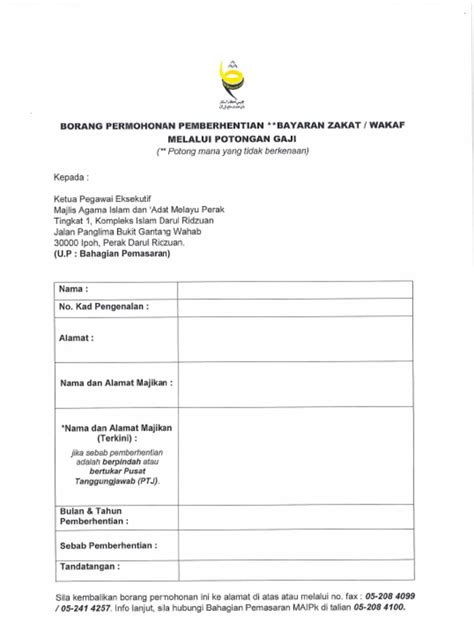 Borang Pemberhentian Potongan Gaji Zakat Atau Wakaf Pdf