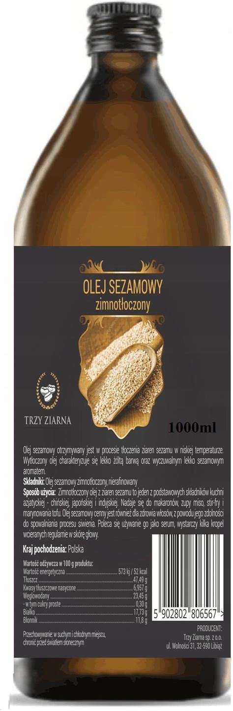 Trzy Ziarna Olej Sezamowy 1l Tłoczony Na Zimno Ceny i opinie Ceneo pl