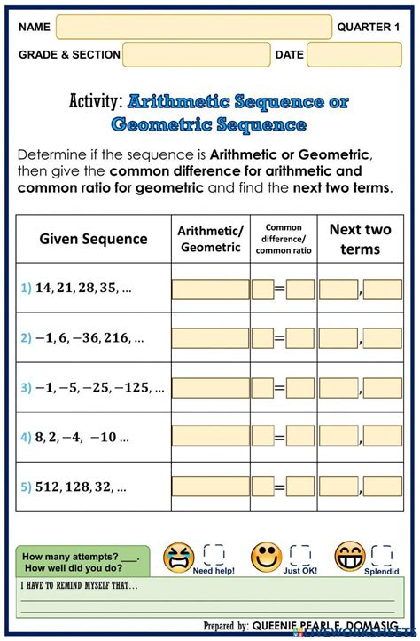 Comparing Arithmetic And Geometric Sequences Worksheet For 9th Worksheets Library