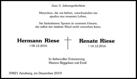 Traueranzeigen Von Hermann Und Renate Riese Trauer In NRW De