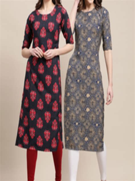 Buy Kalini Women Pack Of 2 Black And Grey Ethnic Motifs Printed Summer Sheers Crepe Kurta Kurtas