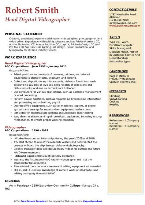 Videographer Resume Samples Qwikresume