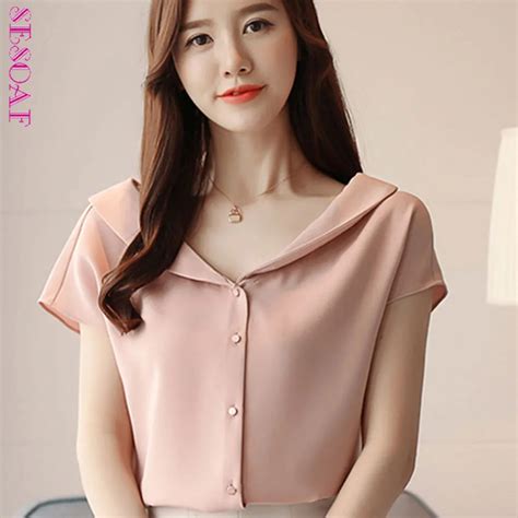 Sesoaf Coreano Moda Roupas Decote Em V Elegante Chiffon Blusa Tops