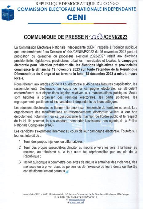 Élections 2023 La CENI annonce le début de la campagne électorale ce