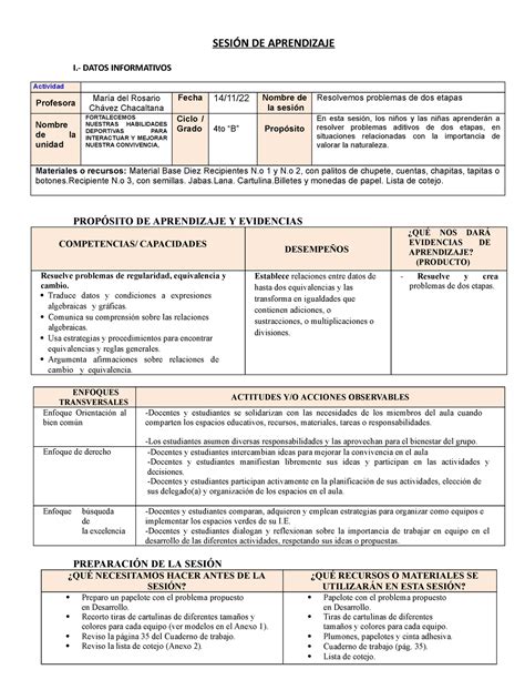 Resuelve Problemas DE DOS Etapas SESIÓN DE APRENDIZAJE I DATOS