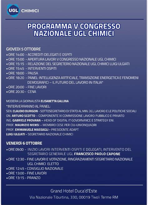 A Tivoli Il V Congresso Nazionale Della Federazione Ugl Chimici Anagnia